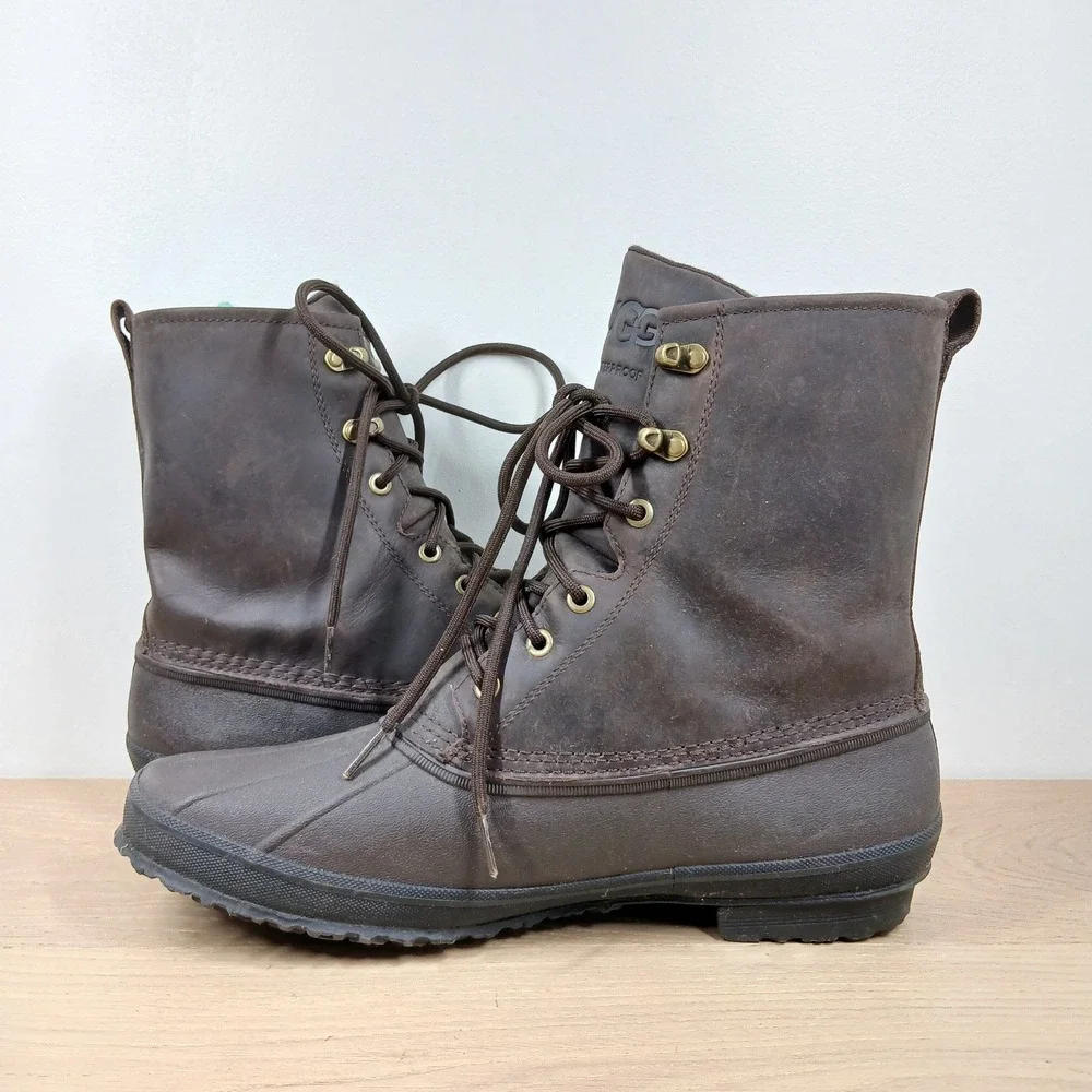 UGG Rain Snow Boots Men's 14 Brown Leather Waterproof Duck Boots Lace Up